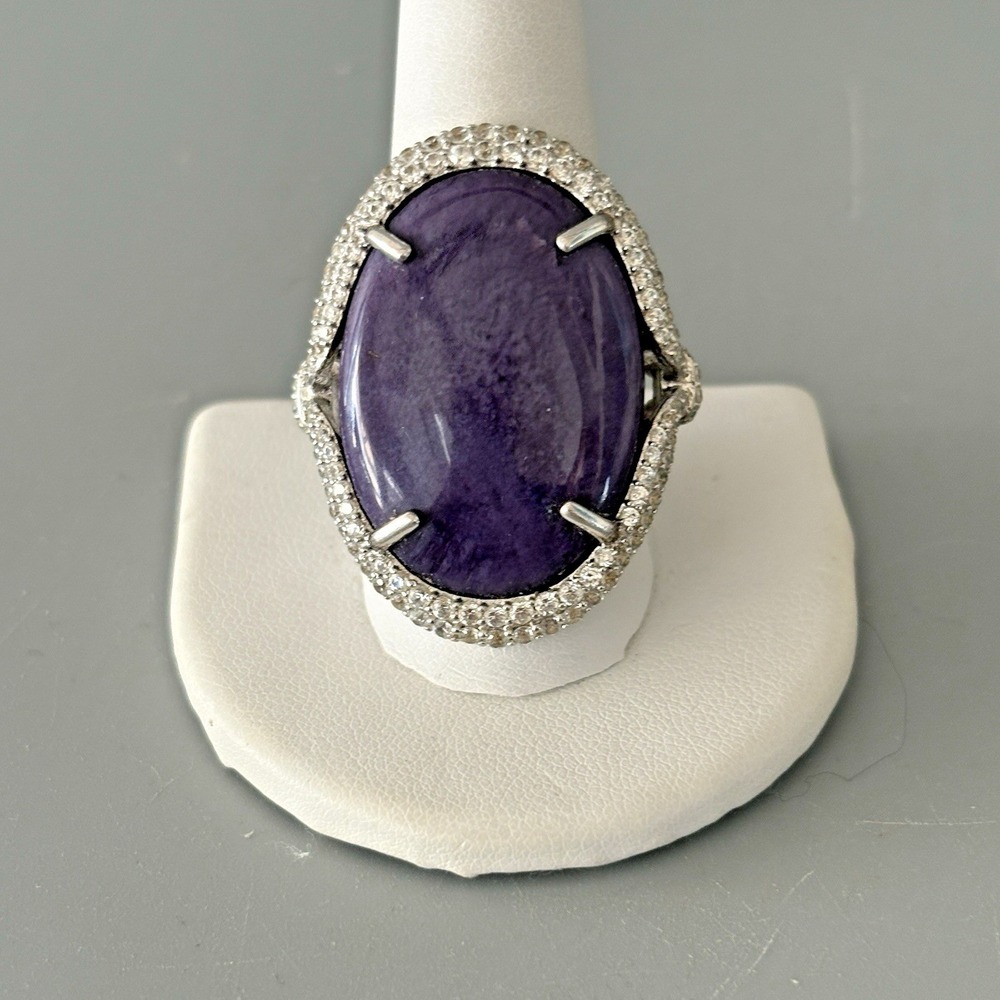 Sterling Silver Charoite Ring Oval Size 10 White Zircon Rarities Statement